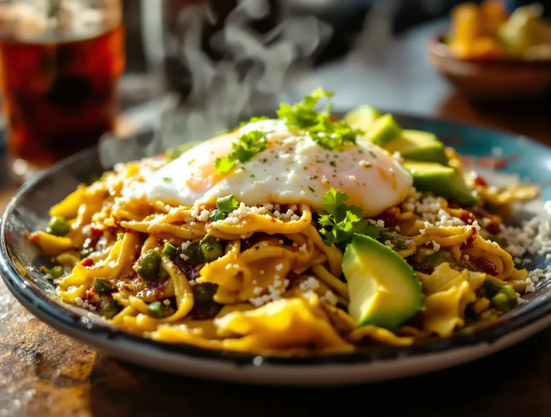 Chilaquiles verdes with crema, queso fresco and eggs at El Pitallito
